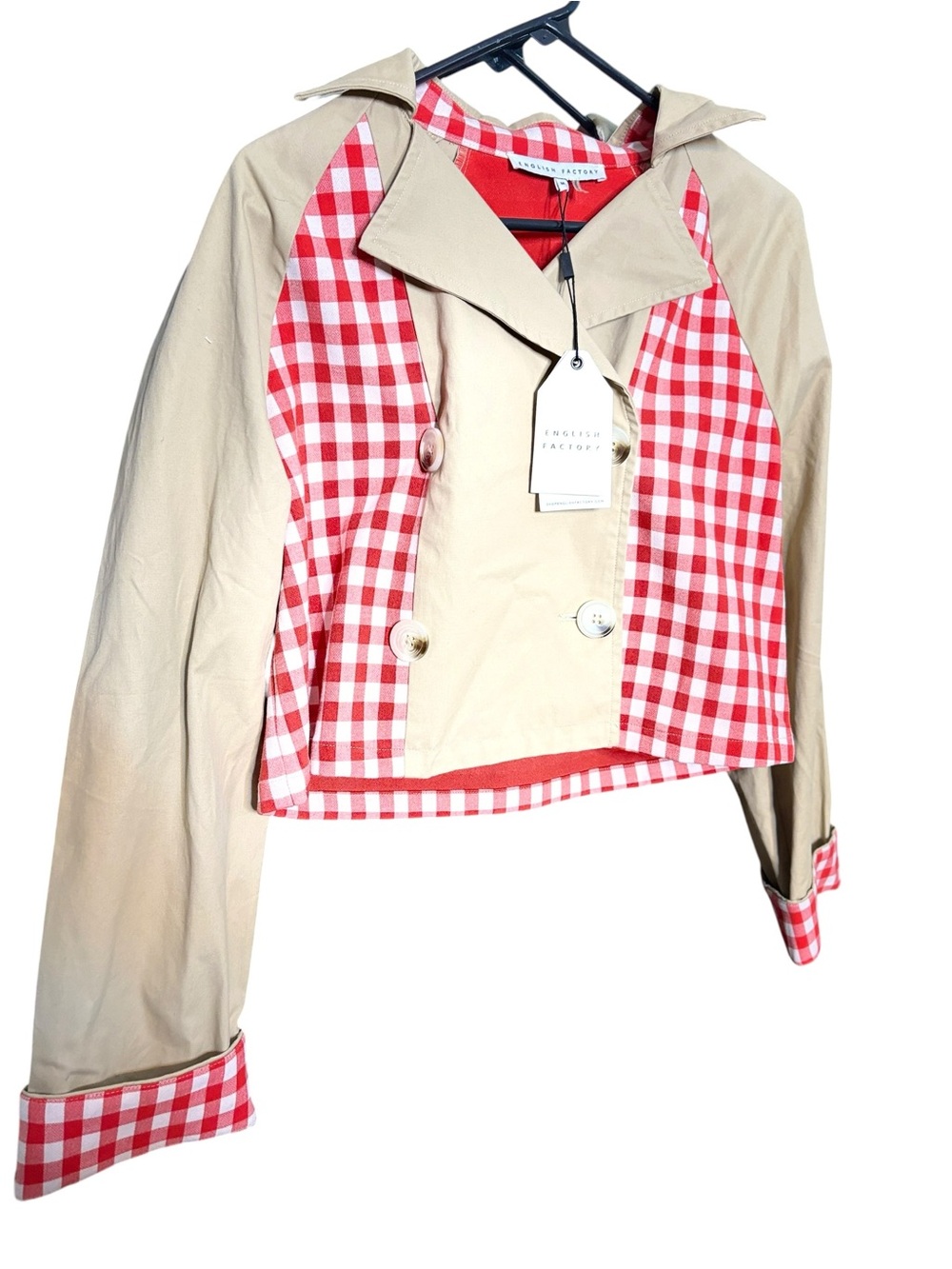 English Factory Beige Cropped Trench with Red Gingham Trim sz M - Picture 5 of 16
